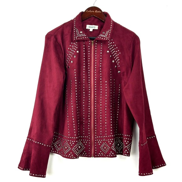 Rockin G Women Maroon Jacket Studded Moto Faux Suede Full Zip Bell Sleeve Sz L - Picture 1 of 12